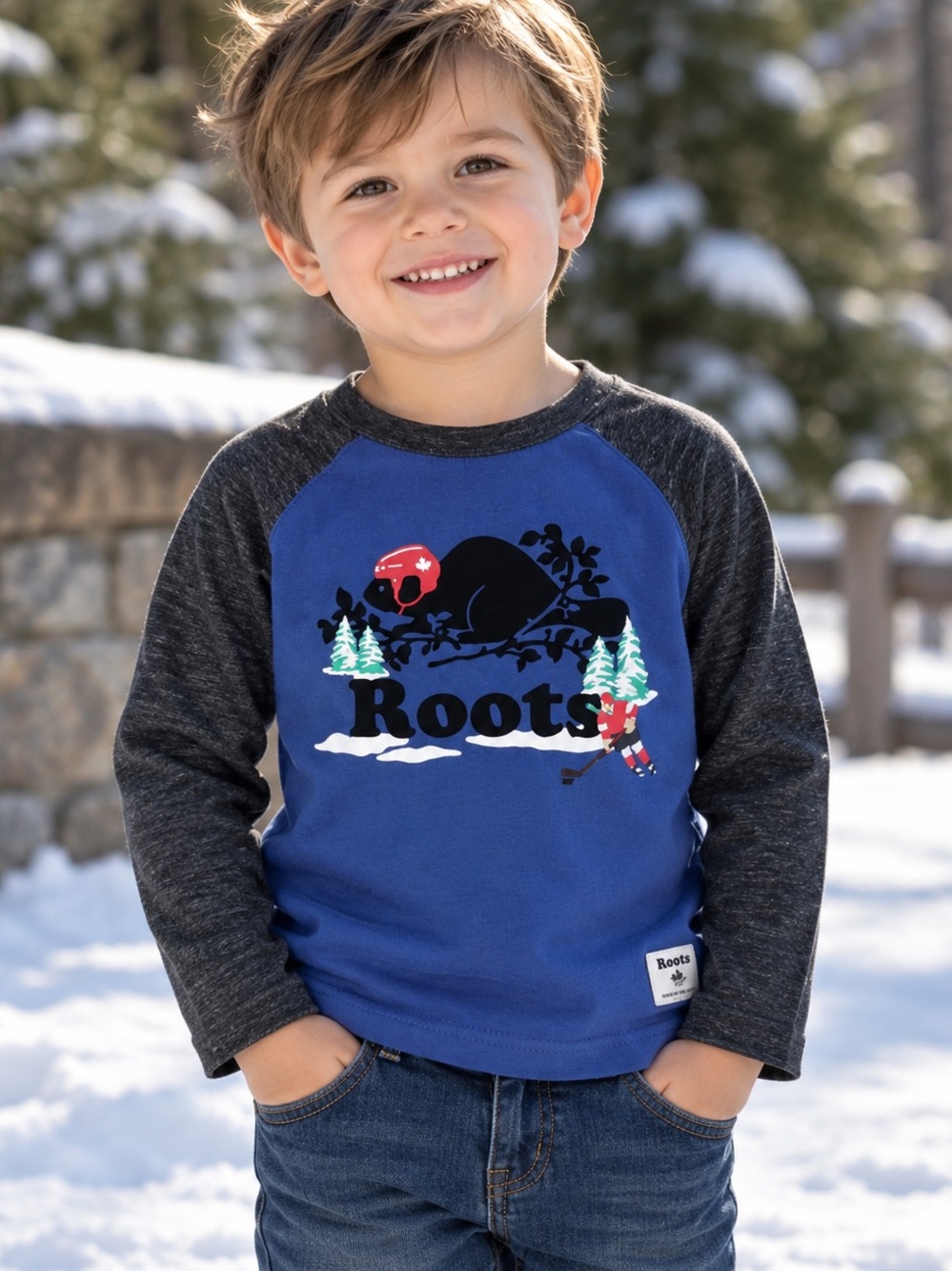 Roots Kids Hockey Beaver Raglan Long Sleeve Shirt 4T Blue Charcoal